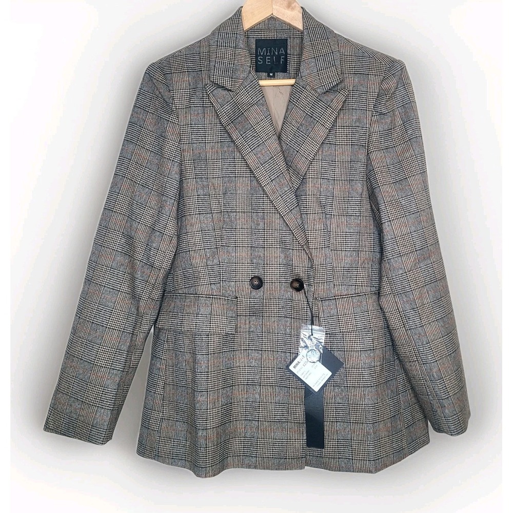 Mina Self Womens Brown Plaid Double Breasted Blazer Size L Office Workwear‎